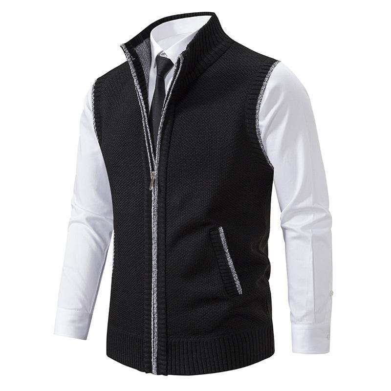 Auretier black fleece vest with zip front over white dress shirt and tie, new arrivals fashion