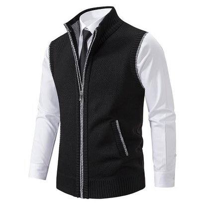 Auretier black fleece vest with zip front over white dress shirt and tie, new arrivals fashion