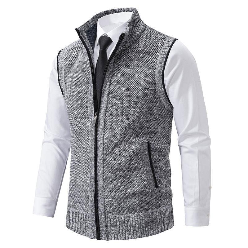 Grey fleece zip-up vest over white dress shirt and black tie, men's fashion by Auretier