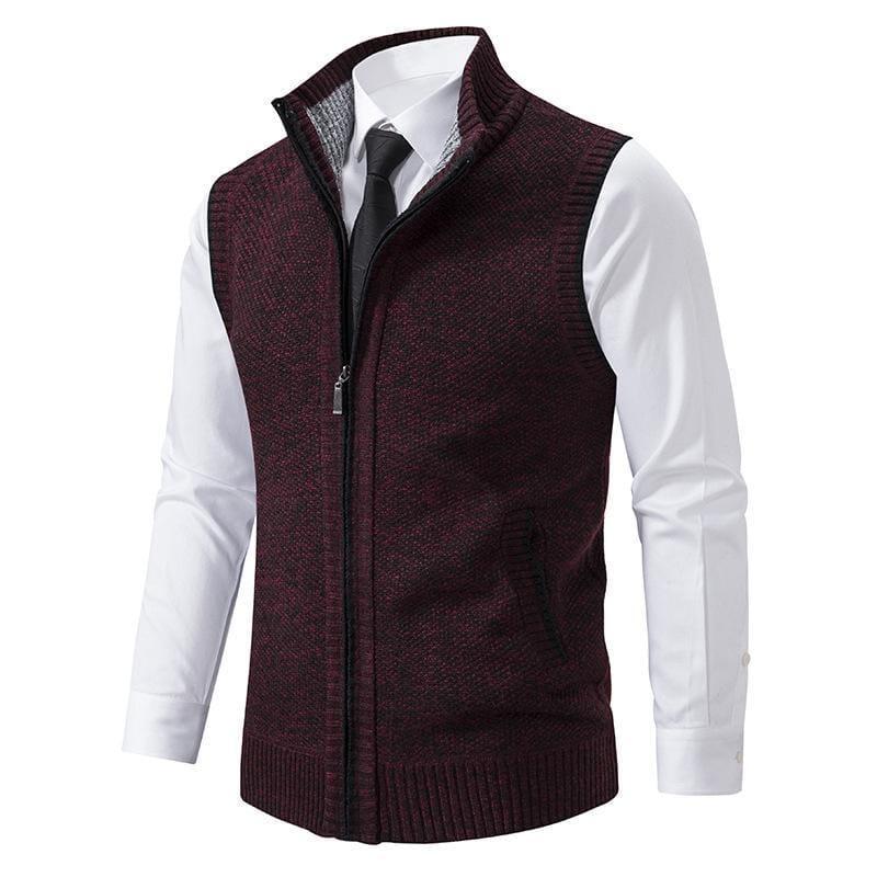 Men’s red fleece zip vest over white dress shirt and tie, Auretier new arrival