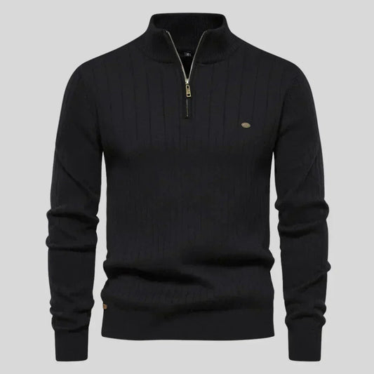 Black zip neck knit sweater for men with ribbed texture, gold zipper, Auretier fashion