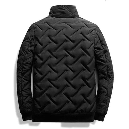 Black quilted urban style jacket with diagonal pattern, back view, Auretier fashion