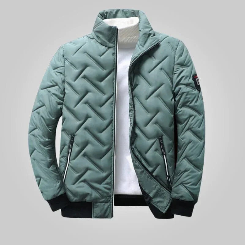 Mint green quilted transition jacket with black trim and zip pockets, Auretier urban style