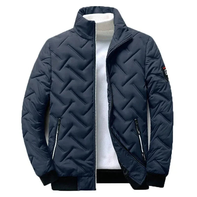 Navy blue urban style transition jacket with quilted pattern and high collar, Auretier fashion