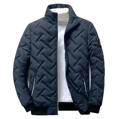 Navy blue urban style transition jacket with quilted pattern and high collar, Auretier fashion