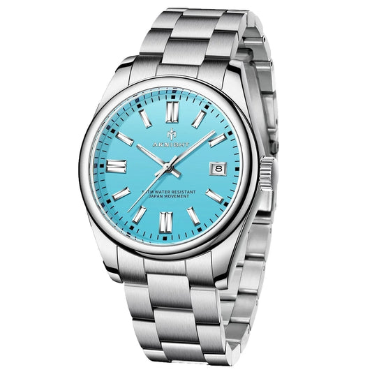 Aknight silver watch with Tiffany blue dial, date display, stainless steel bracelet - Auretier