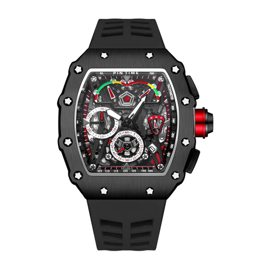 Black luxury skeleton dial watch with red accents and rubber strap, Auretier collection