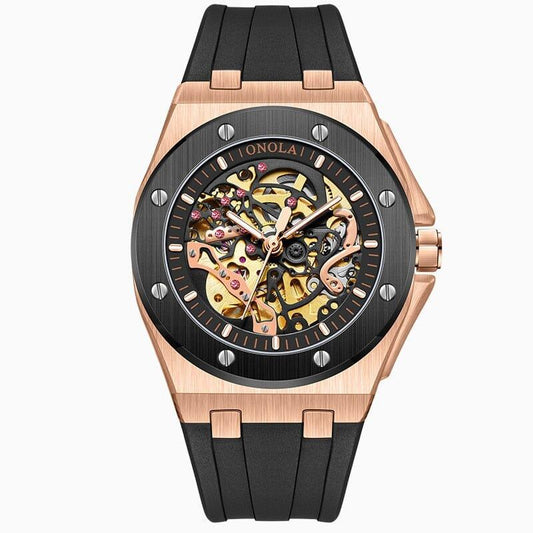 Luxury skeleton watch with rose gold-tone case, black bezel, and black rubber strap, Auretier
